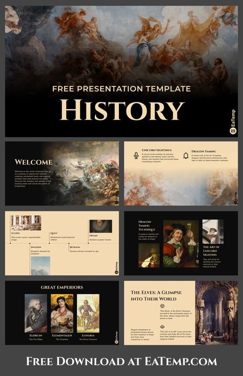 History PPT Presentation Template - Free PowerPoint Templates, Google Slides, Figma Deck And Resume Power Point Slide Ideas Presentation, Art Ppt Template, About Me Google Slides Ideas, History Slide Presentation, Google Ppt Template, Art Presentation Ideas Powerpoint, Design Slides Presentation, Canva Templates Presentation Free, About Me Slide Powerpoint