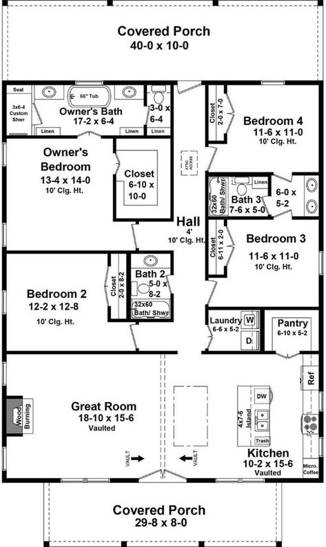 3 Bedroom Ranch House Plans, Barndominium Cottage, Barn Homes Floor Plans, Covered Porches, Barn Style House Plans, Floor Plan 4 Bedroom, 4 Bedroom House Plans, Ranch House Plan, Building Plans House