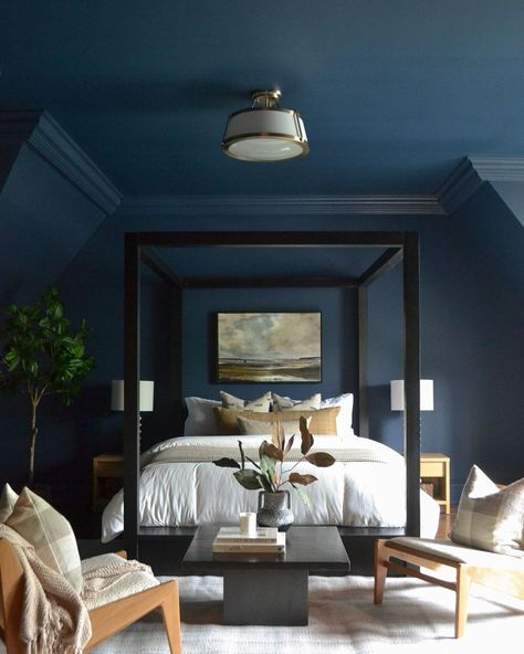 Courtney Turk on Instagram: “Sometimes project names couldn’t be more perfect! Project Day n Knight took on a whole new meaning in this incredible guest room…” Dark Interiors Bedroom, Blue Ceiling Bedroom, Luxurious Master Bedrooms, Dark Blue Bedroom Walls, Hifi Room, Bedroom Paint Ideas, Dark Blue Bedrooms, Blue Bedroom Walls, Diy Tape