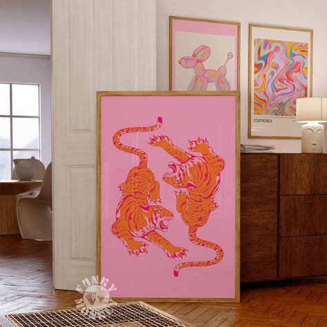 Pink Orange Retro Aesthetic, Orange Retro Poster, Pink Orange Bedroom Decor, Pink Orange Painting, Apartment Aesthetic Boho, Orange And Pink Decor, Maximalist Decor Apartment, Pink And Orange Poster, Pink Aesthetic Bedroom