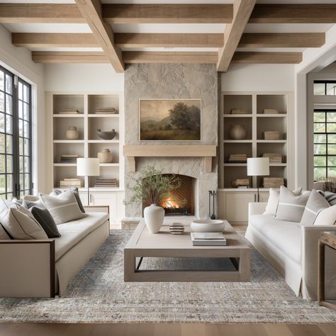 Light Stacked Stone Fireplace, Fireplace With Wood Shelves On Side, Stone Fireplace With Limestone Mantel, Flat Ceiling With Beams, Extra Large Fireplace, Light Neutral Color Palette, Stone Fireplace Decor, California Casual Style, House Styling