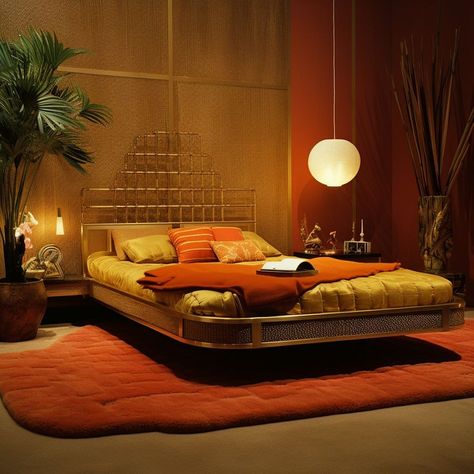 Retro 70s Bed, Luxury 70s Interior, 70s Cozy Bedroom, Dark 70s Interior Design, 70s Hollywood Interior, Master Bedrooms 70s, Cozy 70s Bedroom, 70s Glam Bedroom, Modern 70s Home Living Room