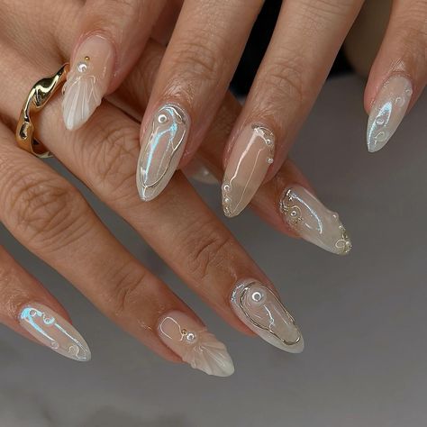 🐚 𓂃. 𓈒 𓂂 𓈒꙳⋆ @amys.clients recreation 🤍 #nailinspo #naildesign #vancouvernails #nailart #summernails #gelxinspo Korean Long Nail Art, Nails With Gold Beads, Simple Gel X Nails Short, Simple Cute Acrylics, Fair Outfit Ideas Carnival Summer Night, Nails Gel X Designs, Pretty Beach Nails, Nail Designs 2024 Summer, Nails For The Beach Ideas