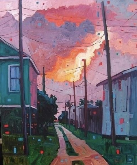 Rene Wiley Paintings, Rene Aesthetic, Paintings Of The Sky, Happy Art Paintings, Happiness Artwork, Rene Wiley, Fire In The Sky, Power Lines, Kunst Inspiration