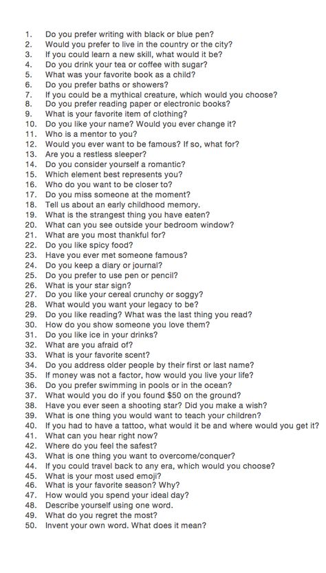 50 questions to answer in order to "dig a little deeper".  Not created by me. Conversation Starter Questions, Questions To Get To Know Someone, Journal Questions, Conversation Topics, Question Game, Fun Questions To Ask, Deep Questions, Deeper Conversation, Getting To Know Someone