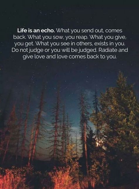 Life is an echo. What you send out, comes back. What you sow, you will reap. What you give, you get. What you see in others , exists in you. Do not judge or you will be judged. Radiate and give love and love comes back to you." Wisdom Quotes, Meaningful Quotes, True Quotes, Life Is An Echo, Meditation Quotes, Great Quotes, Quotes Deep, Islamic Quotes, Inspirational Words