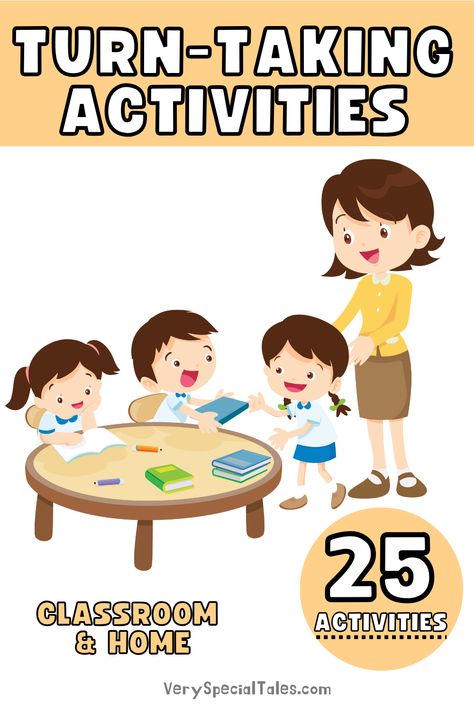 Kids taking turns to use books- Title: Turn-Taking Activities. 25 Activities. Classroom & Home