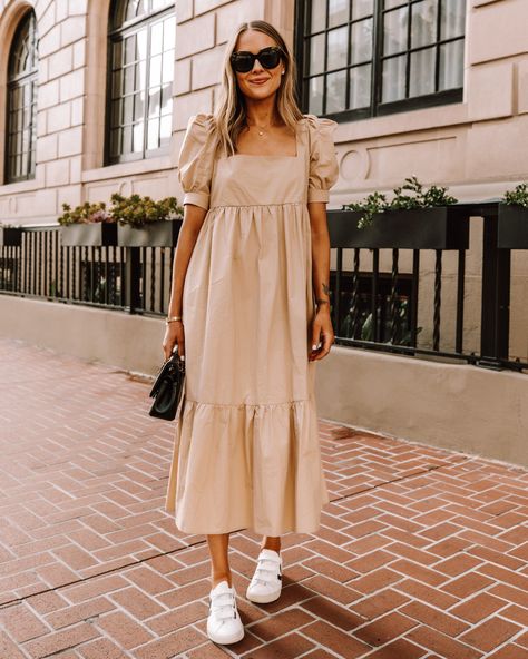 Fashion Jackson Wearing Beige Midi Dress Veja Velcro Sneakers Street Style Outfit 1 Midi Dress Beige, Neutral Outfit Dress, Dresses And Shoes Outfit, Cute Beige Dress, Casual Dress And Sneakers, Summer Dress Casual Outfit, Only Dresses Wardrobe, Summer Dresses Street Style 2023, Womens Summer Dresses 2023