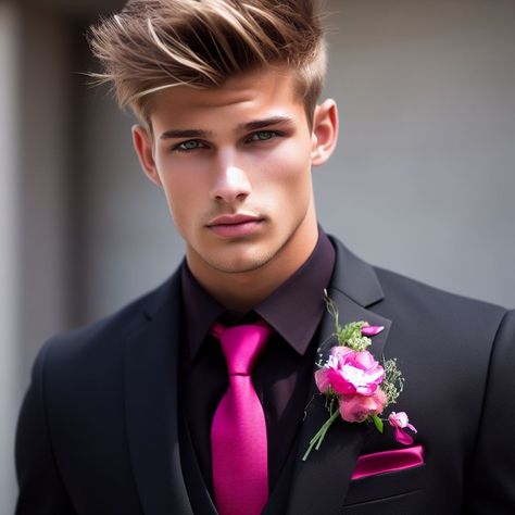 Prom Tuxedo Black, Black Tux Prom, Pink Tux, Tux Prom, Pink Boutonniere, Prom Tuxedo, Prom Inspo, Black Tux, Pink Suit