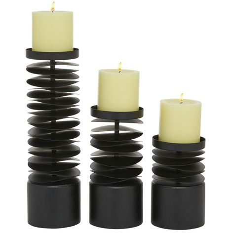 Candle Holder Set of 3 Contemporary 6-8-12H Inch Black Iron Themed Homes, Layered Candles, Contemporary Candle Holders, Decorative Wall Sculpture, Round Candle Holder, Round Candle, Black Candle Holders, Round Plates, Eclectic Interiors