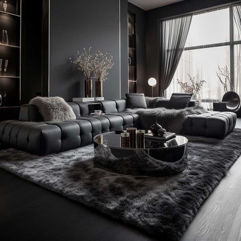 3+ Secrets to Perfecting a Black and Grey Living Room Ambiance • 333+ Images • [ArtFacade] All Black Living Room Ideas, All Black Living Room, Living Room Designs Modern Luxury, Modern Living Room Black, Black Sofas, Monochromatic Living Room, Dark Grey Living Room, Living Room Designs Modern, Sofas Ideas