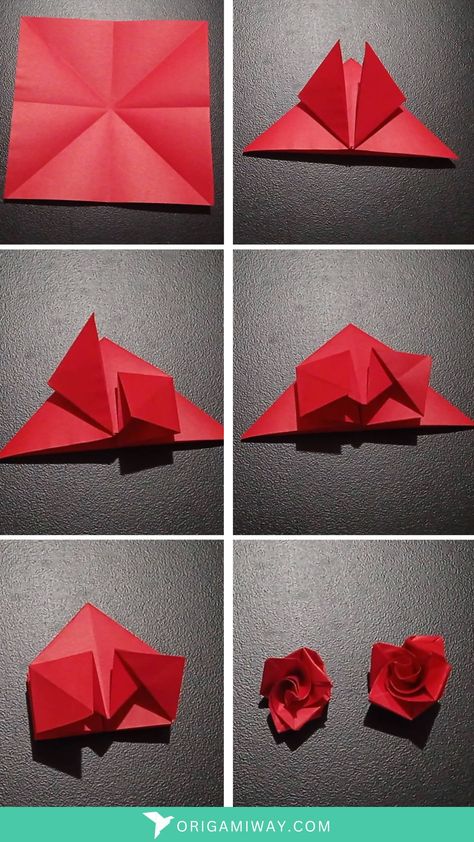 A paper origami red rose Paper Origami Flowers, Easy Origami Flower, Origami Flowers Tutorial, Paper Roses Diy, Creative Origami, Tutorial Origami, Cute Origami, Výtvarné Reference, Origami Patterns