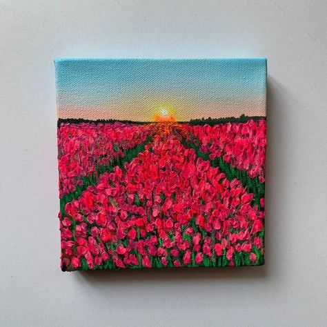 Canvas Painting 4×4, Set Of 4 Canvas Painting Ideas, Simple Tulip Painting, Tulip Field Painting, Tulips Canvas, Small Canvas Painting, Tulips Painting, Mini Toile, Tulip Painting