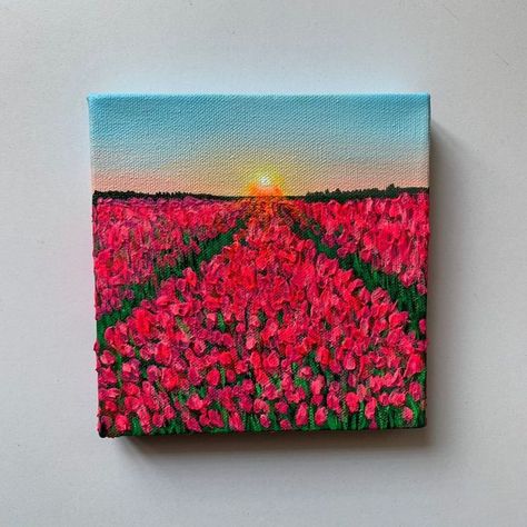 Canvas Painting 4×4, Set Of 4 Canvas Painting Ideas, Tulip Field Painting, Tulips Painting, Mini Toile, Art Du Croquis, Tulip Painting, Small Canvas Paintings, Simple Canvas Paintings