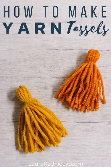 Learn how to make yarn tassels in this DIY tassel tutorial, showing two methods - one by hand and one using cardboard for making tassels. Making Tassel Garland, How To Make Mini Tassels Diy, Diy Yarn Tassels How To Make, Making Yarn Tassels, How To Make Large Tassels, How To Make A Small Tassel, Making A Tassel, How To Make Boho Tassles, Diy Tassels For Pillows