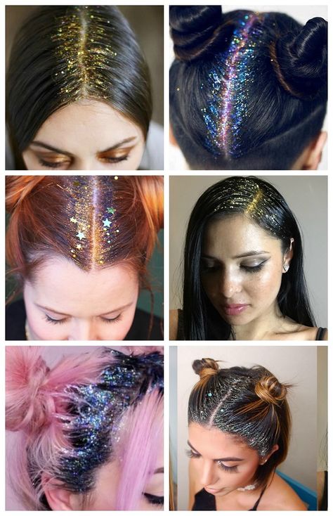 Glitter Hairstyles Short Hair, Diy Hair And Face Glitter, Glitter Roots Hairstyles, Glitter In Hair Part, Glitter Streaks In Hair, Glitter Part Hair, How To Make Glitter Gel For Hair, Glitter Braids Hairstyles, Diy Glitter Gel For Hair