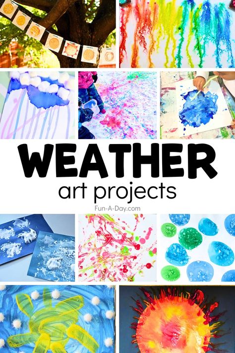 15+ weather art projects for preschoolers and kindergarten kids. There are art projects for rain, wind, storms, hail, and, my personal favorite, sunshine! You can even incorporate the weather art projects into lesson plans about the weather or the four seasons! Click on the Fun-A-Day.com link for more details. Weather Art Projects, Weather Crafts Preschool, Art Projects For Preschool, Bowling Games For Kids, Art Projects For Preschoolers, Hot Weather Activities, Weather Kindergarten, Weather Lesson Plans, Projects For Preschoolers