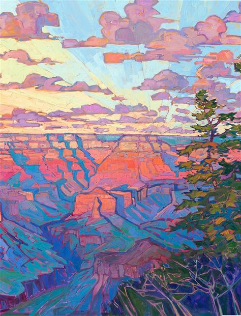 Grand Canyon in Triptych - Contemporary Impressionism Paintings by Erin Hanson Kawaii, Grand Canyon Painting Acrylics, Grand Canyon Watercolor, Grand Canyon Illustration, Grand Canyon Tattoo Ideas, Grand Canyon Drawing, Contemporary Abstract Landscape Painting, Grand Canyon Tattoo, Large Yard Landscaping Ideas
