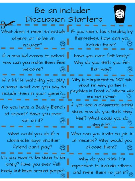 Teach kids how to be kind with these kindness freebie printable: kindness discussion starters. Over 60 conversation starters to use for classrooms in morning meetings or for sel curriculum. Or use at home for family dinner conversations or to connect as a family. These Includer Discussion Starters help kids learn how and why they should include others. Social Emotional Curriculum, Conversation Starters For Kids, Kindness Activities, Social Skills Groups, Morning Meetings, Discussion Starters, Empowering Girls, Parenting Teenagers, Therapeutic Activities