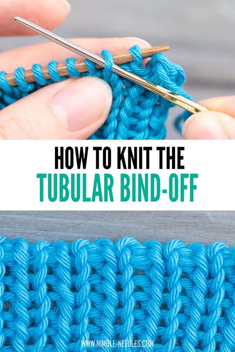 How to knit the tubular bind-off. Step-by-step instructions (including a video) for this super stretchy bind-off method for ribbing. Tubular Bind Off Knitting, Binding Off Knitting, Stretchy Knit Bind Off, How To Cast Off Knitting, Knitting Bind Off Methods, Stretchy Bind Off Knitting, Tubular Bind Off, Bind Off Knitting, Knit Techniques