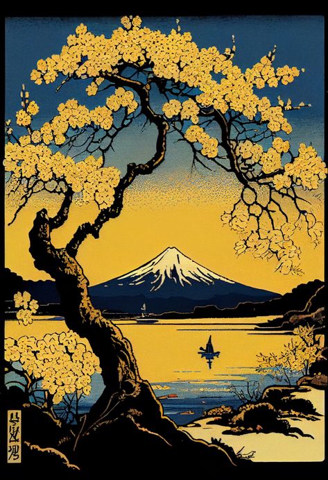 Japanese Mountains Art, Japanese Nature Art, Japanese Scenery Art, Mt Fuji Art, Japanese Art Landscape, Kawaguchi Lake, Fuji Illustration, Mount Fuji Painting, Gunung Fuji