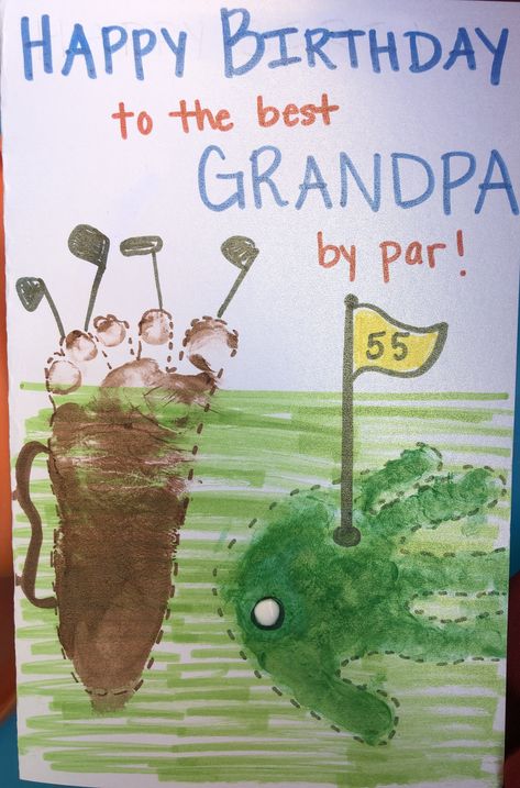 Birthday card for Grandpa Infant Craft For Dads Birthday, Happy Birthday Grandpa Handprint Art, Dads Birthday Craft, Best Daddy By Par Craft, Birthday Handprint Art Dads, Grandpa Birthday Present, Birthday Crafts For Grandfather, Homemade Grandpa Birthday Card, Birthday Craft For Grandpa