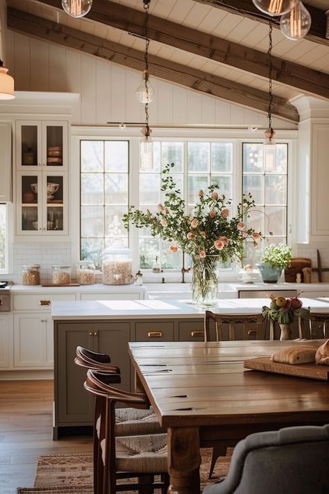 Illuminate Your Dining Area with Farmhouse Kitchen Lighting - Quiet Minimal Modern Farmhouse French Country, Green Island White Cabinets Kitchen, Kitchen Island Cottage, Warm Cozy Kitchen, Kitchen Design Ideas With Island, Modern Cottage Kitchen, Estilo Cottage, French Country Kitchen Designs, Cocina Diy