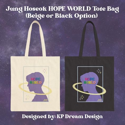 ✨ A fan-made design tote bag for BTS member JHOPE for his mixtape "HOPE WORLD"✨ ✨ The design is printed made to order!✨ ✨ This 100% cotton bag comes in one size - 15" x 16"- perfect for everyday wear.  ✨ While the canvas material will show off your designs in great colors, it's durable and will last for years.  ✨ The bag features 20" handles (made from the same canvas), making it easy to carry even with a week's worth of shopping. ✨ 100% cotton canvas ✨ Available in black color ✨ Heavy fabric (12 oz/yd² (406.9 g/m ✨ Sewn-in label ✨ Tote Bag Size:  15" x 16" Width, in 15.00 Length, in 16.00 Handle length, in 20.00 ✨ Please be aware that this item is made to order in partnership with our production team and will be sent from their facility. If you purchase other in stock items in the same or Hope World, Design Tote Bag, Hate Speech, Mixtape, Jung Hoseok, Canvas Tote, Cotton Canvas, Purses And Bags, Bts