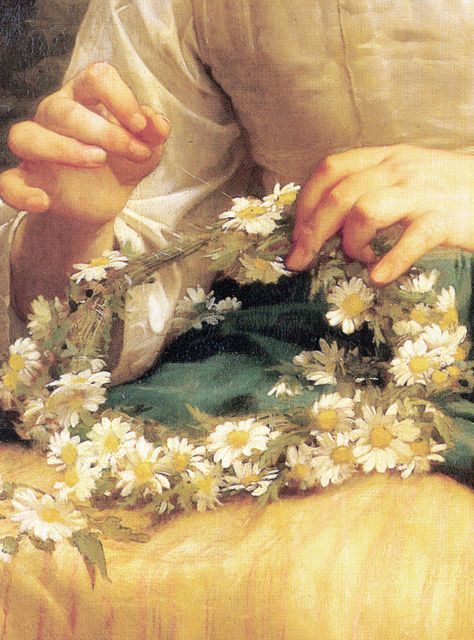 Child Braiding A Crown (detail) 1874, by William-Adolphe Bouguereau  French academic painter  Born: November 30, 1825, La Rochelle, France Honeycore Aesthetic, Yellow Cottagecore, العصور الوسطى, William Adolphe, Hufflepuff Aesthetic, Seni Vintage, Art Periods, William Adolphe Bouguereau, Art Classique