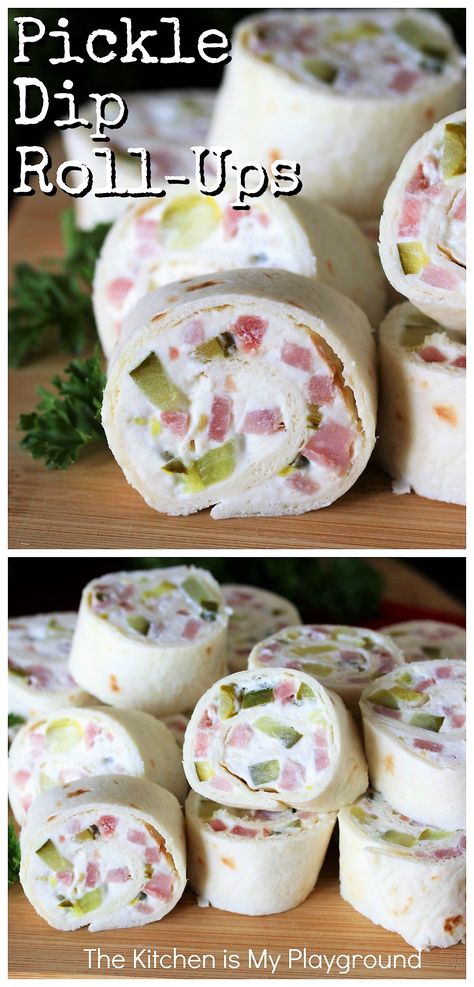 Pickle Dip Roll-Ups ~ Pickle fans, these tasty roll-ups are for you! With their classic creamy pickle dip filling, they pack great pickle flavor in every bite. Perfect for parties, snacking, game day, or even lunch. #picklediprollups #pickledippinwheels #pickles www.thekitchenismyplayground.com Lake Snacks, Cream Cheese Roll Up, Pickle Dip, Pineapple Ham, Pinwheel Appetizers, Tortilla Rolls, Cream Cheese Rolls, Roll Ups Recipes, Pinwheel Recipes