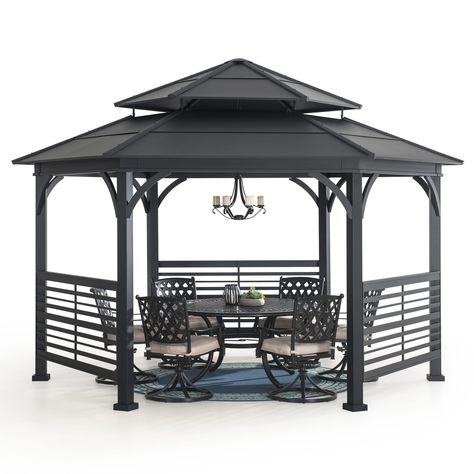 PRICES MAY VARY. 【Stability, Protection】- Constructed from a powder-coated matte black 2-tier steel roof and frame, this hardtop gazebo provides shade and comfort from the heat, and shelter from rain and inclement weather. 【Unique & Stylish Design】- This backyard gazebo is designed with a dual rail system that allows you to easily suspend mosquito netting and privacy curtains (netting and curtains not included). The unique hexagon structure with decorative fence design is perfect for elevating y Farmhouse Gazebo, Hexagon Structure, Hexagon Gazebo, Wooden Carports, Metal Gazebo, Decorative Fence, Outdoor Evening, Backyard Shade, Steel Roof