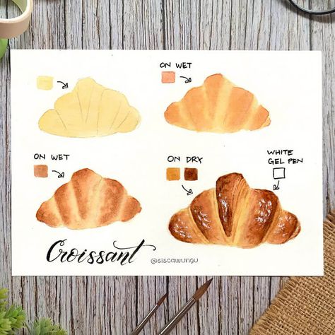 How to Paint a Croissant How To Watercolor Paint People, Simple Watercolor Tutorial, Watercolor Mushroom Tutorial, Cottagecore Watercolor Painting, Watercolor Art For Beginners Landscape, Simple Watercolors, Tiny Illustrations, Mushroom Tutorial, Mushroom Watercolor