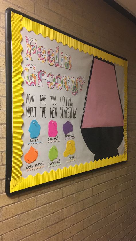 RA college bulletin board. Lava lamp hall mood tracker