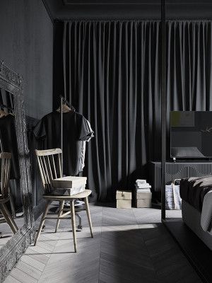 Modern Industrial Apartment-Denis Krasikov-19-1 Kindesign Modern Industrial Apartment, Industrial Apartment Decor, Industri Modern, Industrial Apartment, Scandinavian Style Home, Black Interior Design, Tall Windows, Apartment Layout, Black Curtains