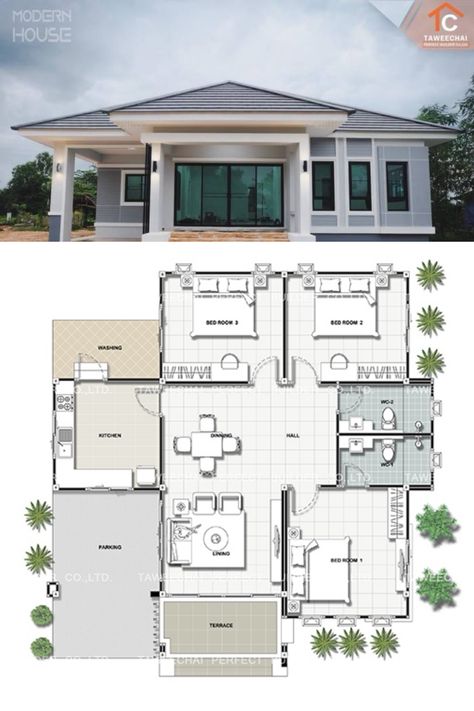 3 Concepts Of 3-bedroom Bungalow House In 2020 Three Bedroom House Plan Three Bedroom House Plans Modern, Three Bedroom House Plans Modern, Pelan Lantai Rumah, Simple Bungalow House Designs, Modern Bungalow House Plans, Modern Bungalow House Design, Small Modern House Plans, Bungalow Style House, Pelan Rumah