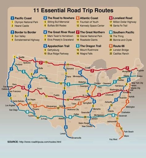 11 amazing road trips you can do without ever leaving the United States. - Imgur Unique Places To Stay In The Us, Usa Travel Bucket List, Road Trip Map, Rv Road Trip, Road Trip Routes, Cross Country Road Trip, National Park Road Trip, Us Road Trip, American Road Trip