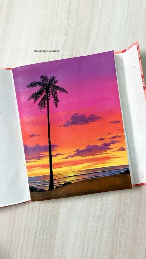 Beach Sunset Acrylic Painting, Art Painting Diy, Sunset Acrylic Painting, Sunset Acrylic, Art Painting Canvas, Sunset Painting Acrylic, Poster Color Painting, Seni Pastel, Sky Art Painting