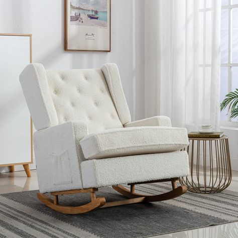 Comfy Rocking Chair, Mid Century Modern Nursery, Nursery Rocking Chair, Chair Nursery, Upholstered Rocking Chairs, Rocking Armchair, Rocking Chair Nursery, Glider Rocker, Wingback Armchair