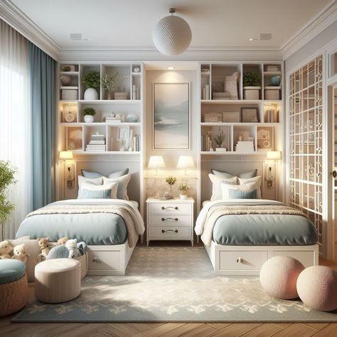 Twin Bedroom Ideas for Small Room Optimizing Furniture Layout Twin Beds Girls Room Sisters Teen, Girls Room Ideas With Two Twin Beds, Multiple Twin Beds In One Room, Small Bedroom Layout For Two Twin Beds, Twin Beds Built Into Wall, Twin And Full Bed In One Room Layout, Two Bed Girls Room, Twin Rooms Ideas, Girl Bedroom Two Beds