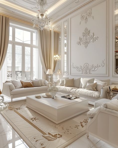 37 Luxurious White and Gold Living Room Design and Decoration Ideas – CreativeBooster Gold And White House Interior, Royal Living Room Designs, White Gold And Pink Living Room, Modern Fancy Living Room, White And Gold House Interior, White And Gold Aesthetic Room, Gold Cream Living Room, Gold And White Living Room Decor, Cream Gold Living Room