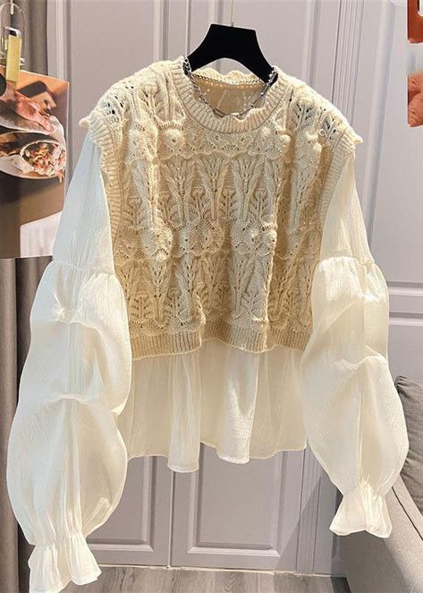 Boho Apricot O-Neck Lace Patchwork Hollow Out Shirts Long Sleeve Ada Fashion Knitting Patchwork, Recycle Old Clothes, Tulle Long Dress, Blouses 2023, Long Sleeve Blouses, Upcycle Sweater, Shirts Long Sleeve, Fashion 2024, Lace Patchwork