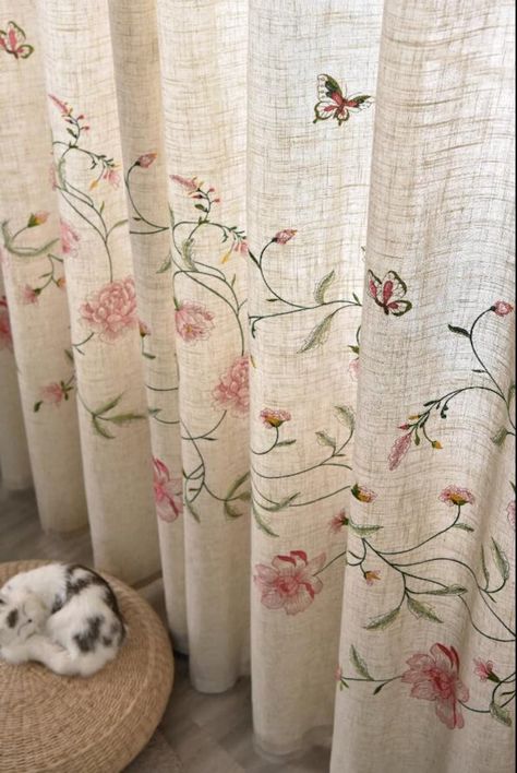 Cottagecore Curtains, Linen Curtains Bedroom, Embroidery Curtains, Natural Linen Curtains, Embroidered Curtains, Cottage Room, Textile Inspiration, Flower Curtain, Flowers Butterfly