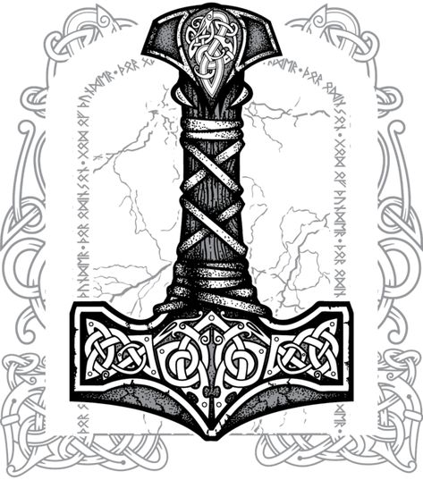 Viking Tattoos Thors Hammer, Viking Mjolnir Tattoo, Mjolnir Tattoo Design Norse Mythology, Viking Longship Tattoo, Mjolnir Tattoo Norse Mythology, Thor Hammer Tattoo Design, Thors Hammer Tattoo Vikings, Mjolnir Drawing, Viking Warrior Symbol