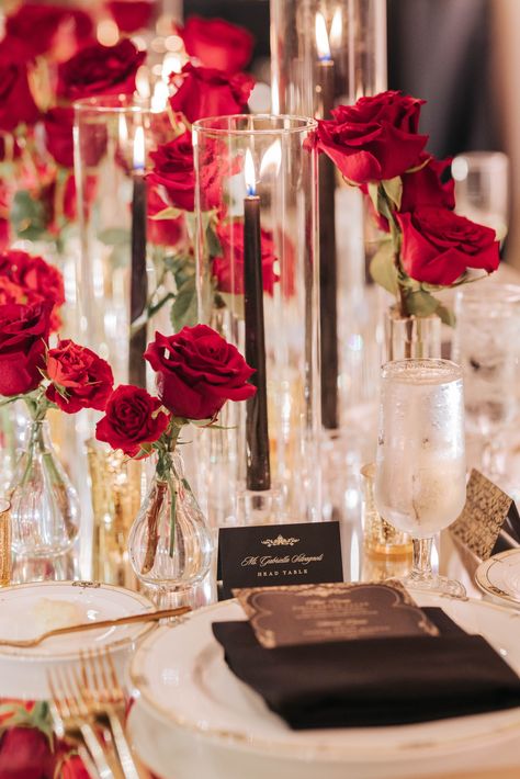 Red Rose Wedding Reception, Modern Goth Wedding Decor, Red Roses Reception Decor, Valentine’s Day Wedding Decor, Black Tie Wedding With Red Roses, Red Rose Wedding Reception Decor, Valentine Theme Wedding Decor, Wedding Decor Roses, Red Roses And Candles Centerpieces