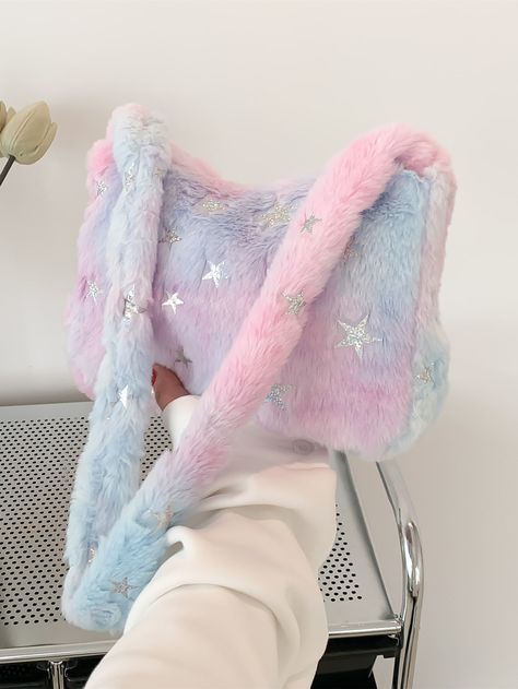 Kawaii, Faux Fur Handbag, Star Decor, Fluffy Texture, Baguette Bag, Glitter Stars, Star Decorations, Word Wrap, Gradient Color