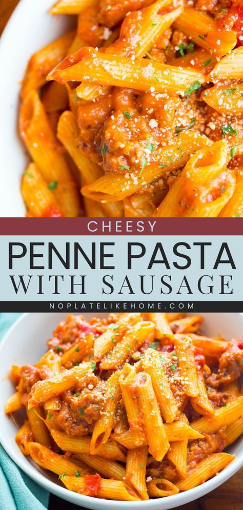 Get ready for this Cheesy Penne Pasta with Sausage! This Italian dinner recipe is perfect for beginner cooks. Mixed with a homemade Italian sausage meat sauce, this easy pasta dish is sure to be a hit with the whole family! Sausage Meat Sauce, Cheesy Penne Pasta, Ground Italian Sausage Recipes, Sausage Meat Recipes, Italian Sausage Recipes Pasta, Ground Sausage Recipes, Easy Sausage Recipes, Homemade Italian Sausage, Pork Sausage Recipes