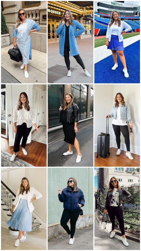 Here’s another love letter to the little white sneaker! For years, they’ve been one of my favorite shoes that carry me throughout seasons and various outfits. These white sneakers were among some of your most loved items of 2023, so I thought it would be fun to share a roundup of inspiration to keep them feeling fresh and show how versatile they really are! In case you missed it, I previously shared more white sneaker favorites and how to keep them clean. Outfits With White Sneakers Winter, Plus Size Outfits With White Sneakers, Work Outfits With Running Shoes, Plus Size Fashion With Sneakers, White Rubber Shoes Outfit Woman, White Tennis Shoe Outfits, White Sneakers Outfit Plus Size, Outfits To Wear With Tennis Shoes, Plus Size Casual Outfits With Sneakers