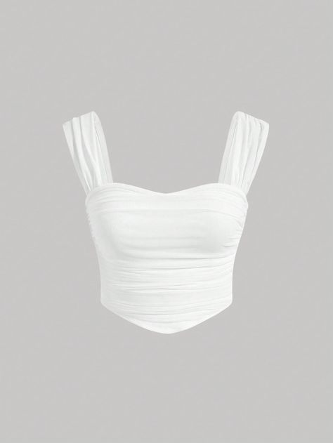 White Casual Collar  Knitted Fabric Plain Wide Strap Embellished Slight Stretch  Women Clothing White Formal Top, White Top Png, White Top Aesthetic, Clothes White Background, White Tops For Girls, Outfit Blanco, Plain White Top, Wide Straps Top, Ivory Outfit