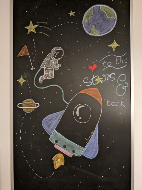 Playroom Chalkboard Art, Chalk Space Art, Space Chalkboard Art, Chalk Wall Designs, Black Board Design Chalkboards, Blackboard Decoration Classroom, Cute Chalkboard Ideas, Blackboard Art Ideas, Simple Chalkboard Art