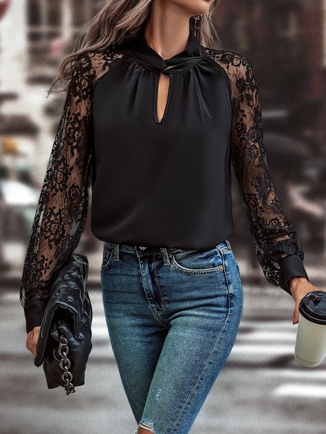 Black Lace Top Outfit, Lace Top Outfits, Black Lace Shirt, Lace Sleeve Blouse, Lace Top Long Sleeve, Blouse Casual, Black Lace Tops, Professional Dresses, Lace Shirt